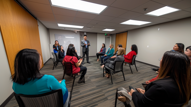 一群人坐在一間會議室中，參加由講師主持的催眠訓練課程，所有人都專注地聆聽和參與。